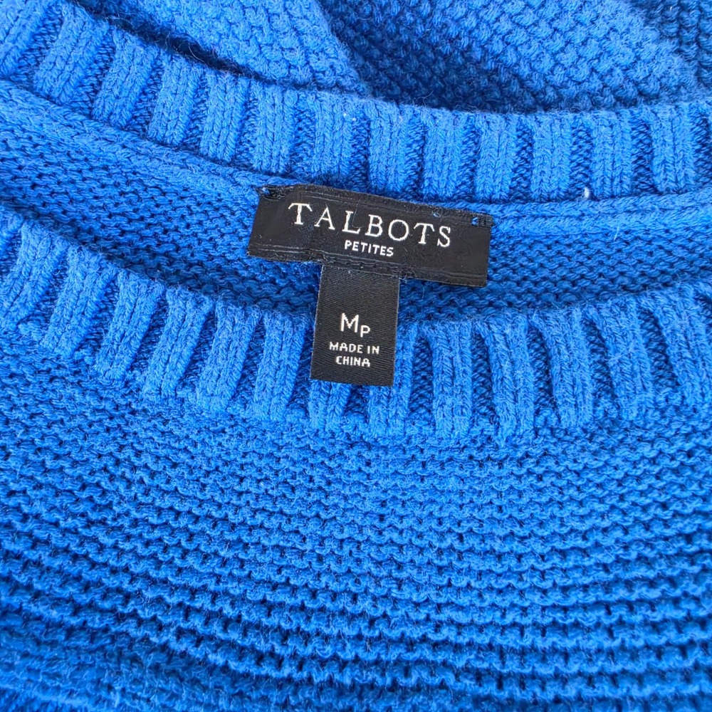 Talbots Petite Cashmere Blend Royal Blue Cable Knit Yoke Crew Neck Sweater MP - Picture 4 of 7